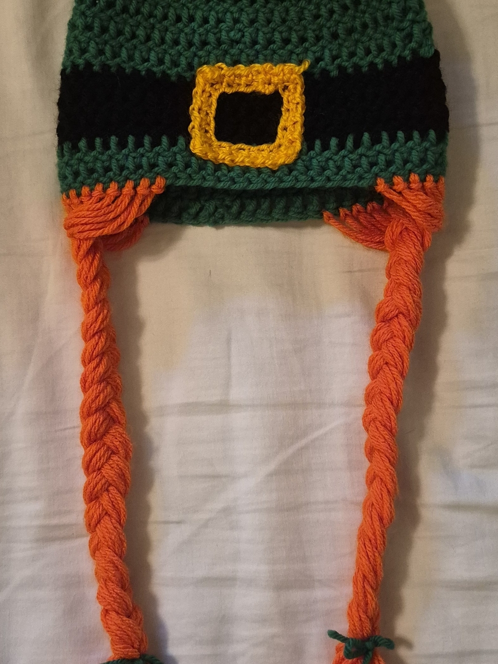 Green & Orange 6-9mo Crochet Hat with Braids and Buckle Accent